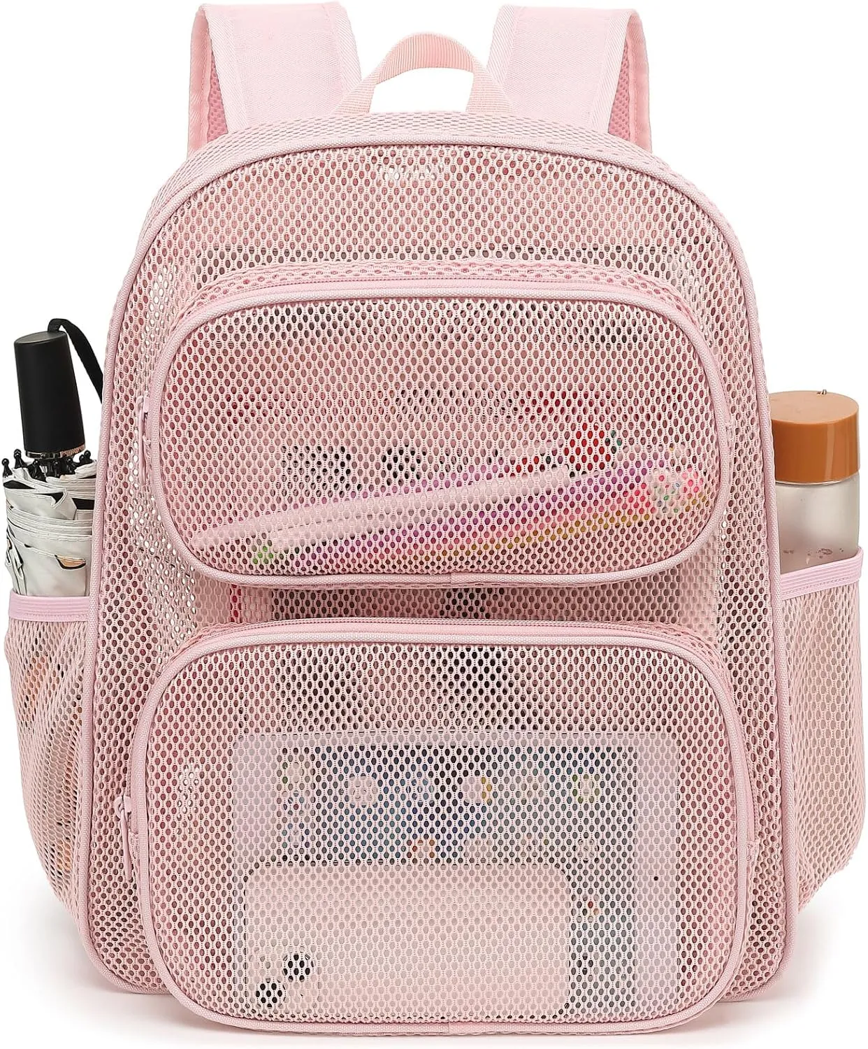 Mesh School Backpack for Girls Boys, Heavy Duty Mesh Bookbag School Bag for Adults Kids Swimming Beach Fitness Sport (Pink)