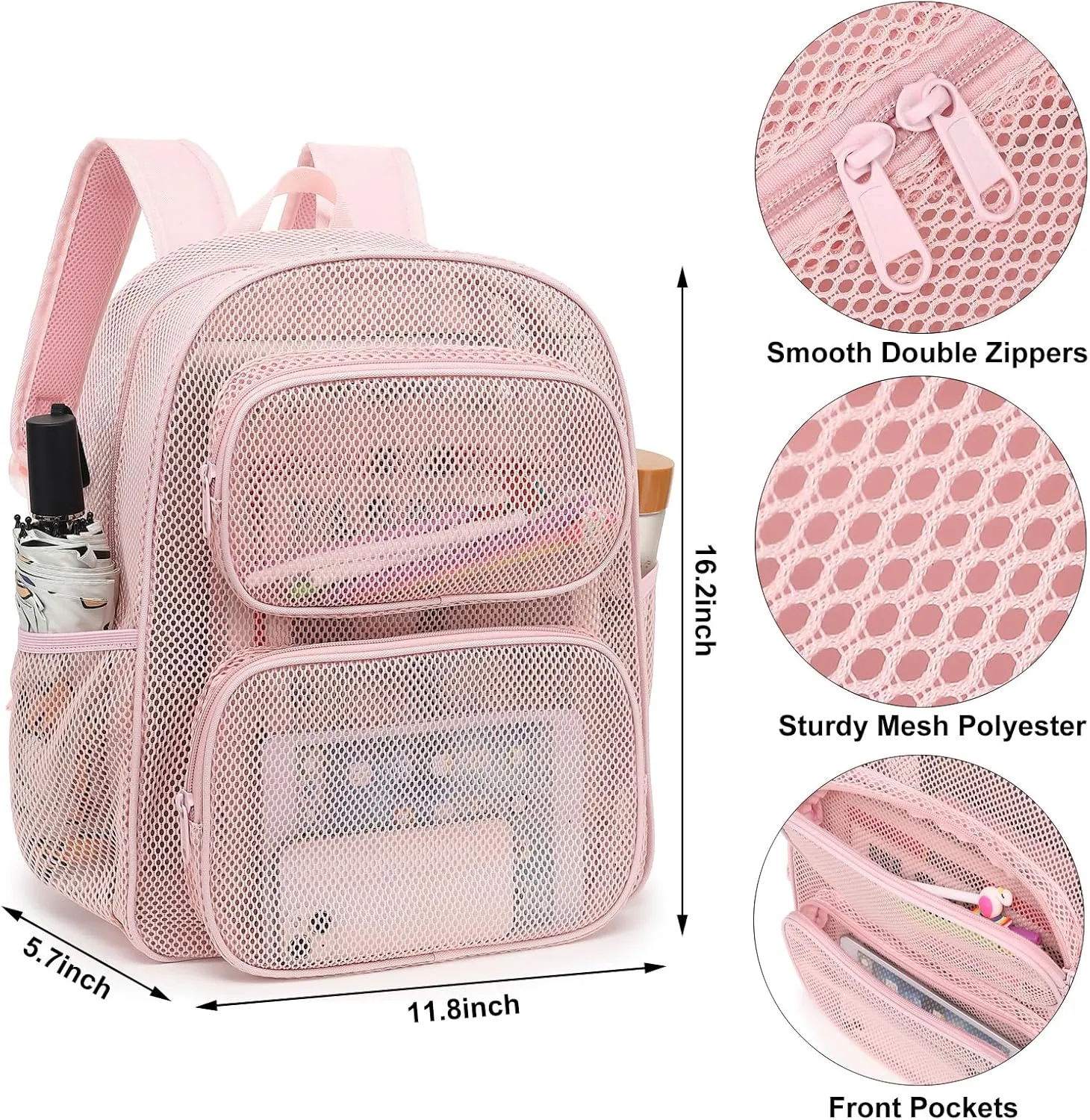 Mesh School Backpack for Girls Boys, Heavy Duty Mesh Bookbag School Bag for Adults Kids Swimming Beach Fitness Sport (Pink)