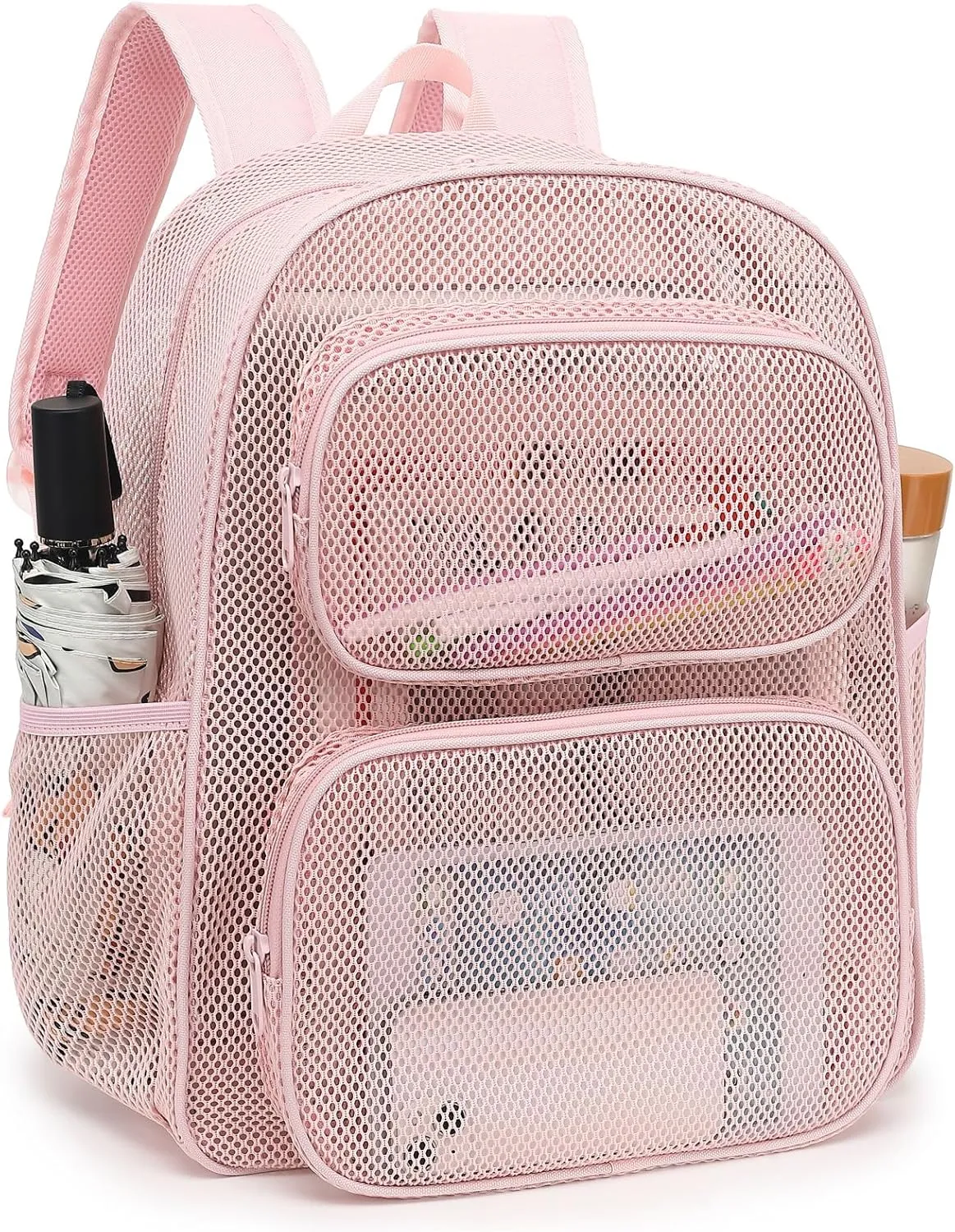 Mesh School Backpack for Girls Boys, Heavy Duty Mesh Bookbag School Bag for Adults Kids Swimming Beach Fitness Sport (Pink)