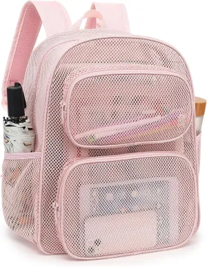 Mesh School Backpack for Girls Boys, Heavy Duty Mesh Bookbag School Bag for Adults Kids Swimming Beach Fitness Sport (Pink)