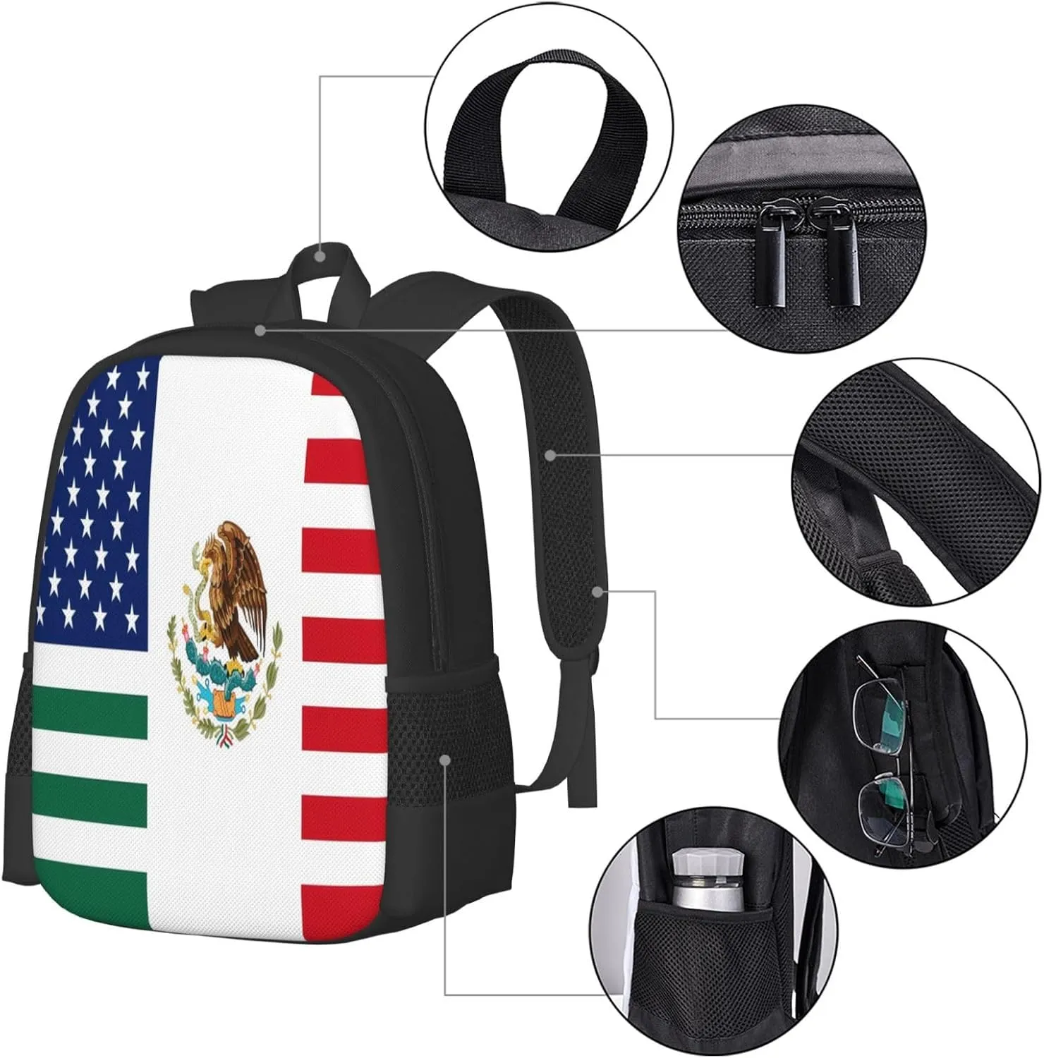 Mexico Friendship Flag United States American Mexican Casual Backpacks Large Capacity Backpack Laptop Rucksack Sport Daypack Commuter Bags with Adjustable Strap for Traveling Camping