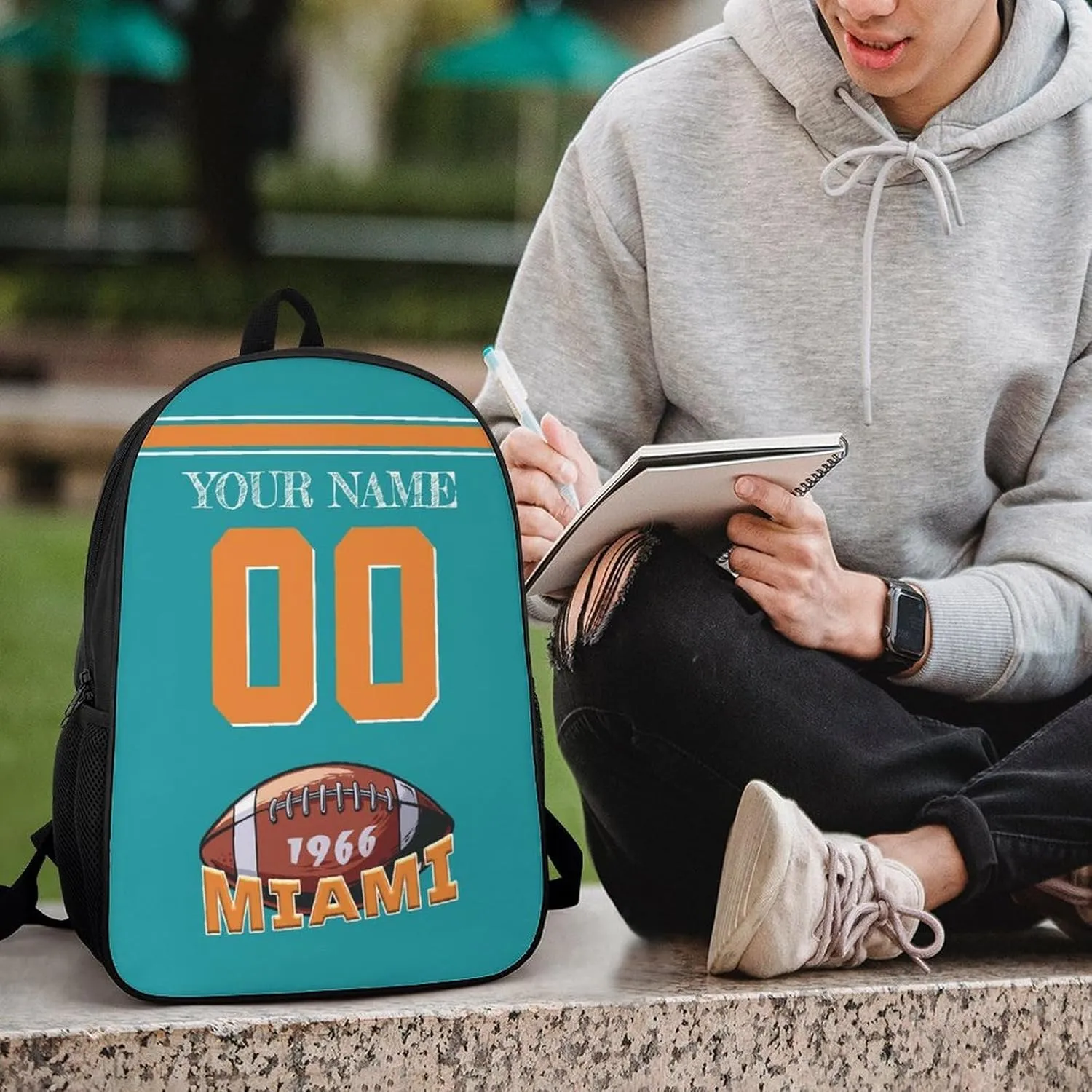 Miami Backpack Custom Name Number Laptop Shoulder Bag Bookbag Personalized Sports Gift for Men Women Boy Girl, 17 Inch