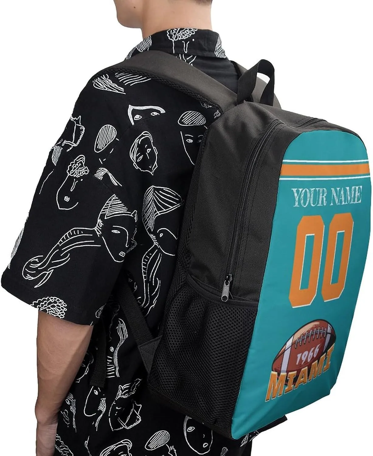 Miami Backpack Custom Name Number Laptop Shoulder Bag Bookbag Personalized Sports Gift for Men Women Boy Girl, 17 Inch