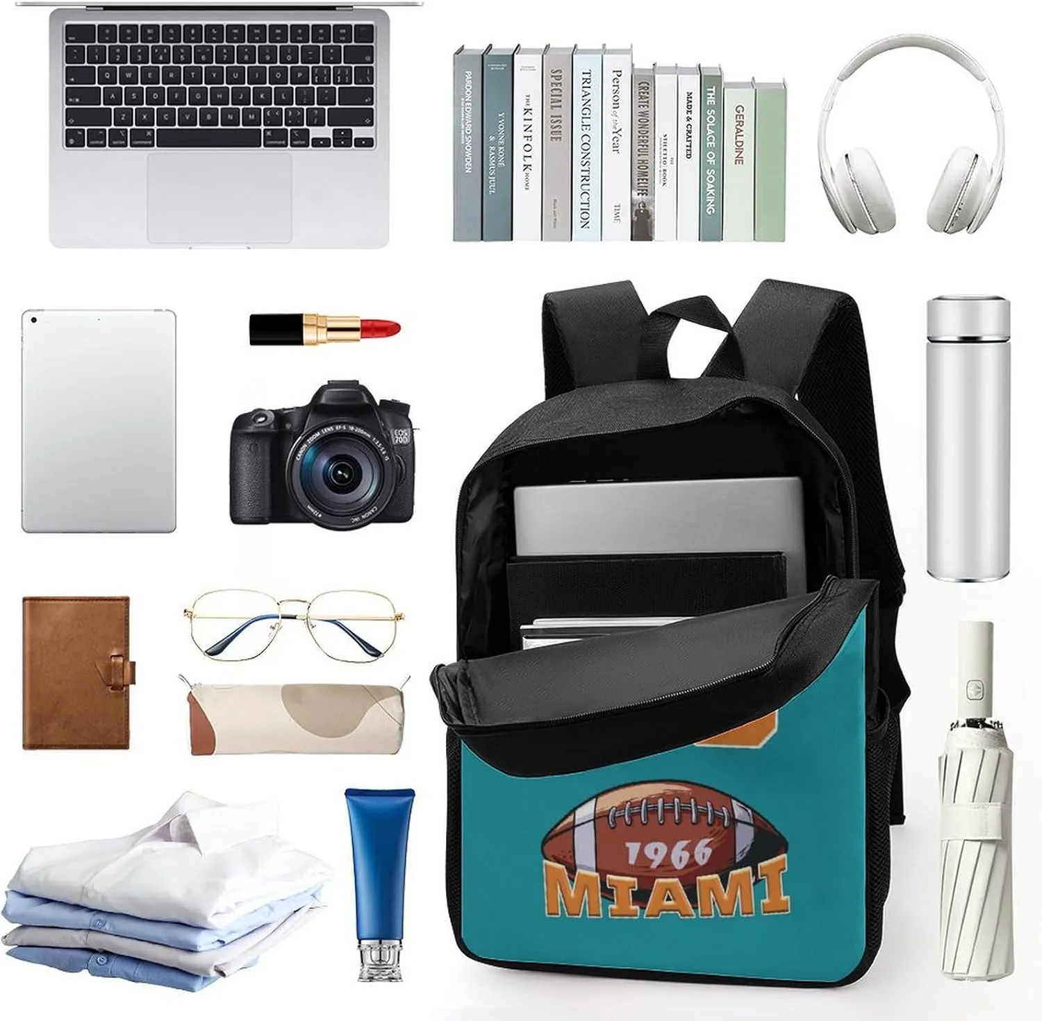 Miami Backpack Custom Name Number Laptop Shoulder Bag Bookbag Personalized Sports Gift for Men Women Boy Girl, 17 Inch