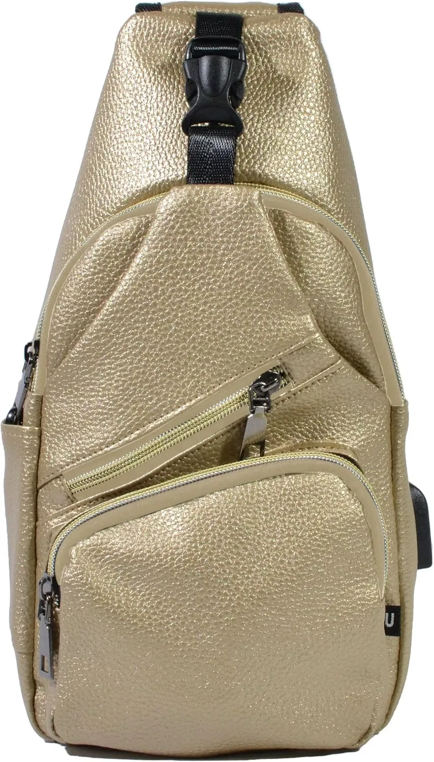 Milan Anti-Theft Daypack Crossbody Sling Backpack, Vegan Leather, USB Charging Connector Port, Lightweight Day Pack for Travel, Hiking, Everyday, Large, Gold