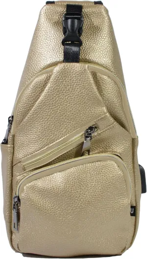 Milan Anti-Theft Daypack Crossbody Sling Backpack, Vegan Leather, USB Charging Connector Port, Lightweight Day Pack for Travel, Hiking, Everyday, Large, Gold