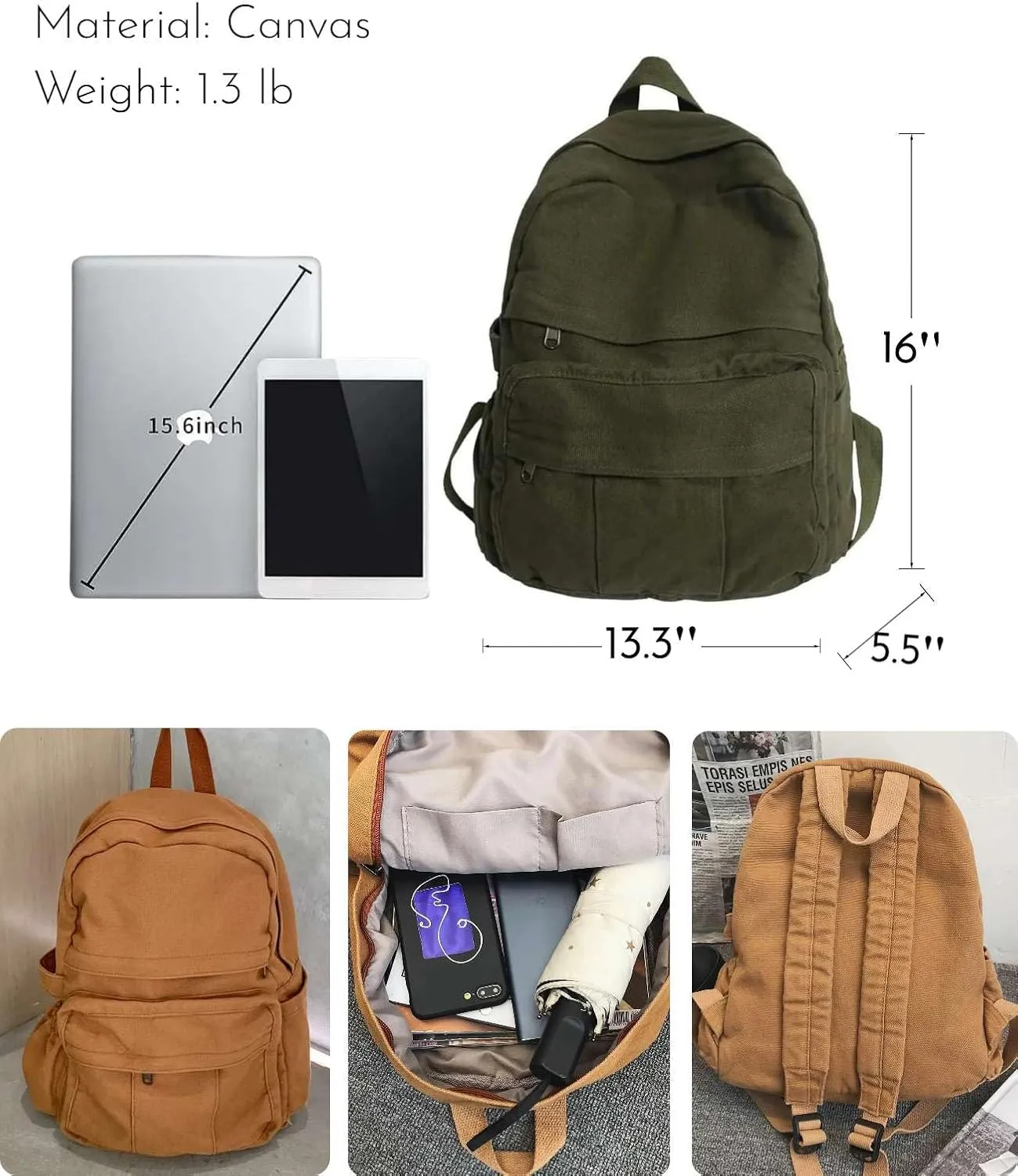 Military Green Canvas Backpack for Women & Men Retro Aesthetic Rucksack Basic Backpack for High School/College Students Travel Laptop Bag