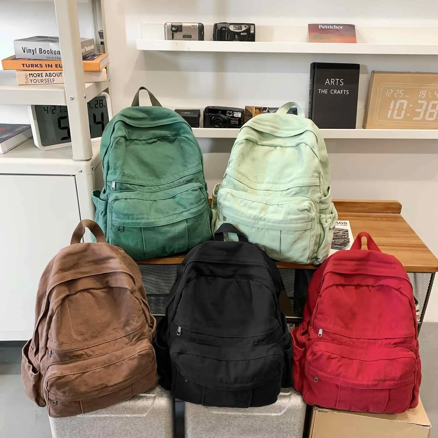 Military Green Canvas Backpack for Women & Men Retro Aesthetic Rucksack Basic Backpack for High School/College Students Travel Laptop Bag