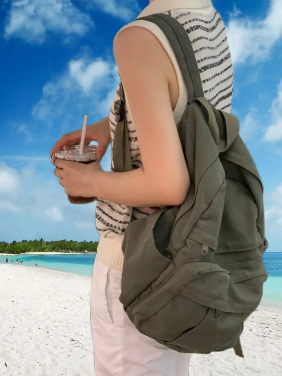 Military Green Canvas Backpack for Women & Men Retro Aesthetic Rucksack Basic Backpack for High School/College Students Travel Laptop Bag