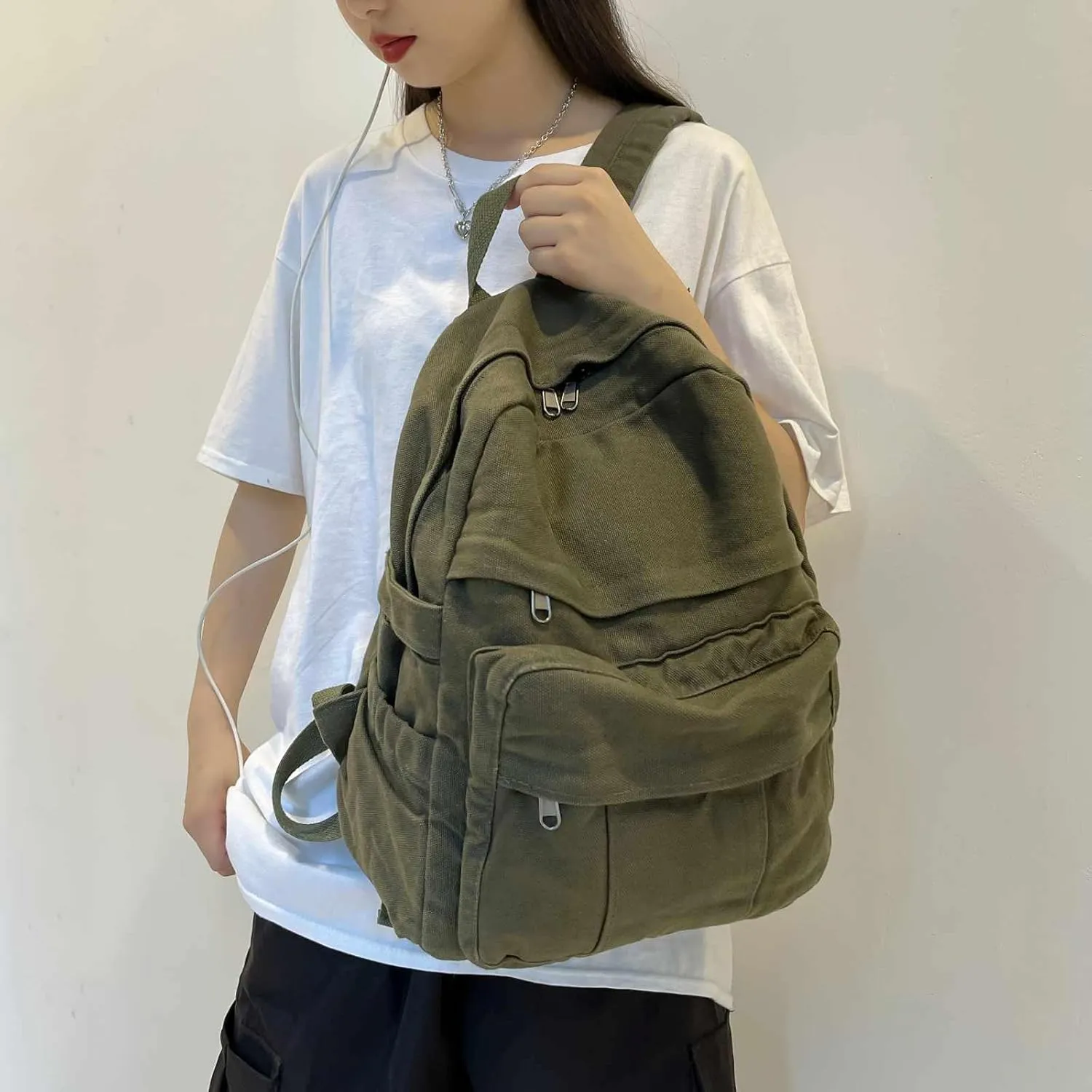 Military Green Canvas Backpack for Women & Men Retro Aesthetic Rucksack Basic Backpack for High School/College Students Travel Laptop Bag
