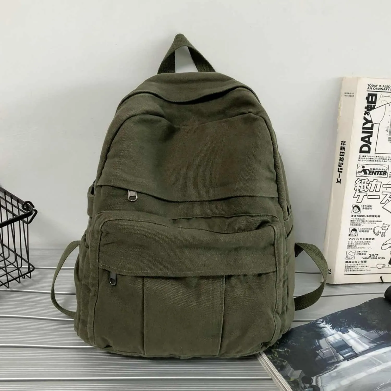 Military Green Canvas Backpack for Women & Men Retro Aesthetic Rucksack Basic Backpack for High School/College Students Travel Laptop Bag