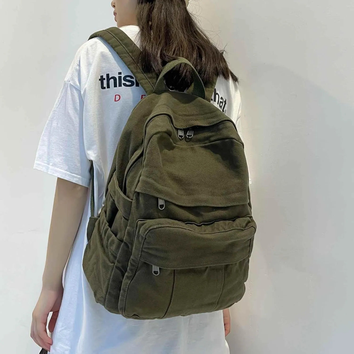 Military Green Canvas Backpack for Women & Men Retro Aesthetic Rucksack Basic Backpack for High School/College Students Travel Laptop Bag