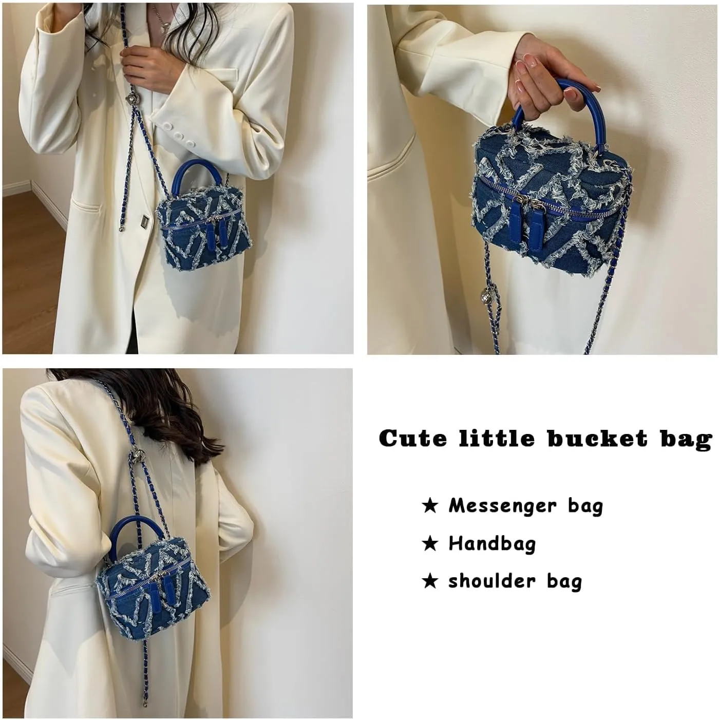 Mini Denim Bucket Bag Quilted Crossbody Hobo Shoulder Tote with Chain Strap