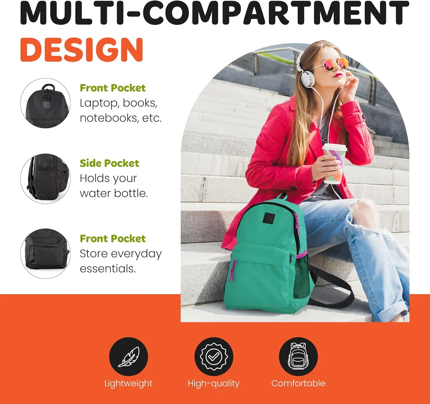 Mintra Office Backpack, Water-resistant Everyday Bag with Adjustable Straps, Unisex Backpack for Travel, College, Multi-Compartments with Secure Zippers, Black, 20L Large, 12.59" W x 20" H