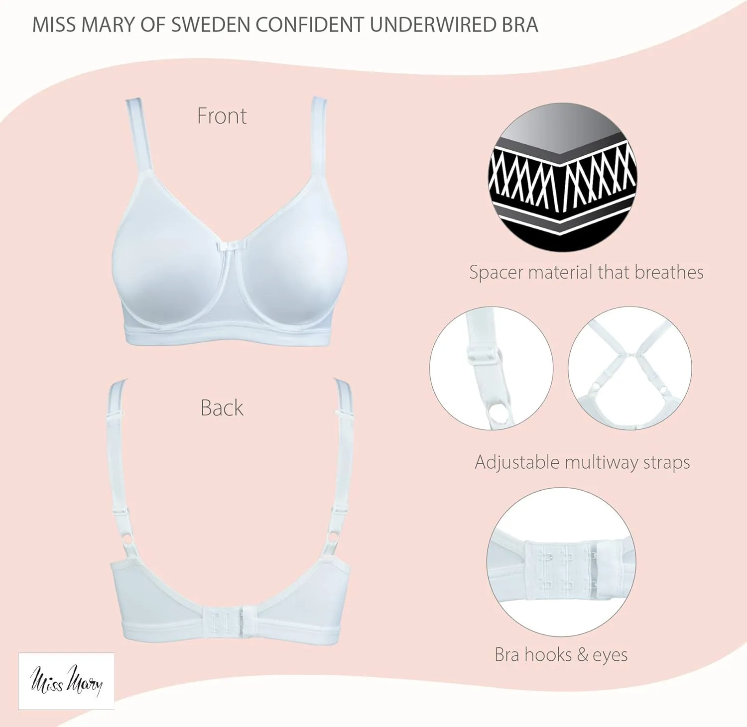 Miss Mary of Sweden Confident Underwired Bra – Full Coverage Seamless Bra with Padded Straps and Breathable Fabric