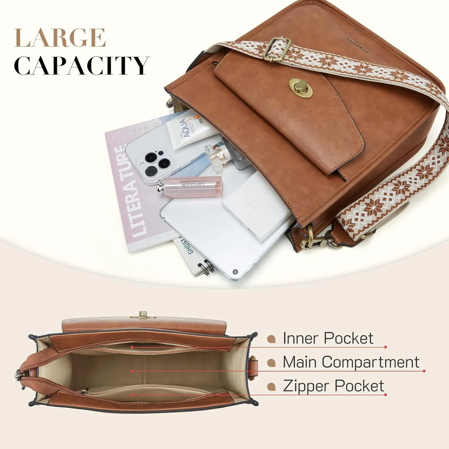 Missnine Crossbody Bags for Women Trendy Vegan Leather Shoulder Bag Hobo Purses Handbags with 2 Shoulder Straps
