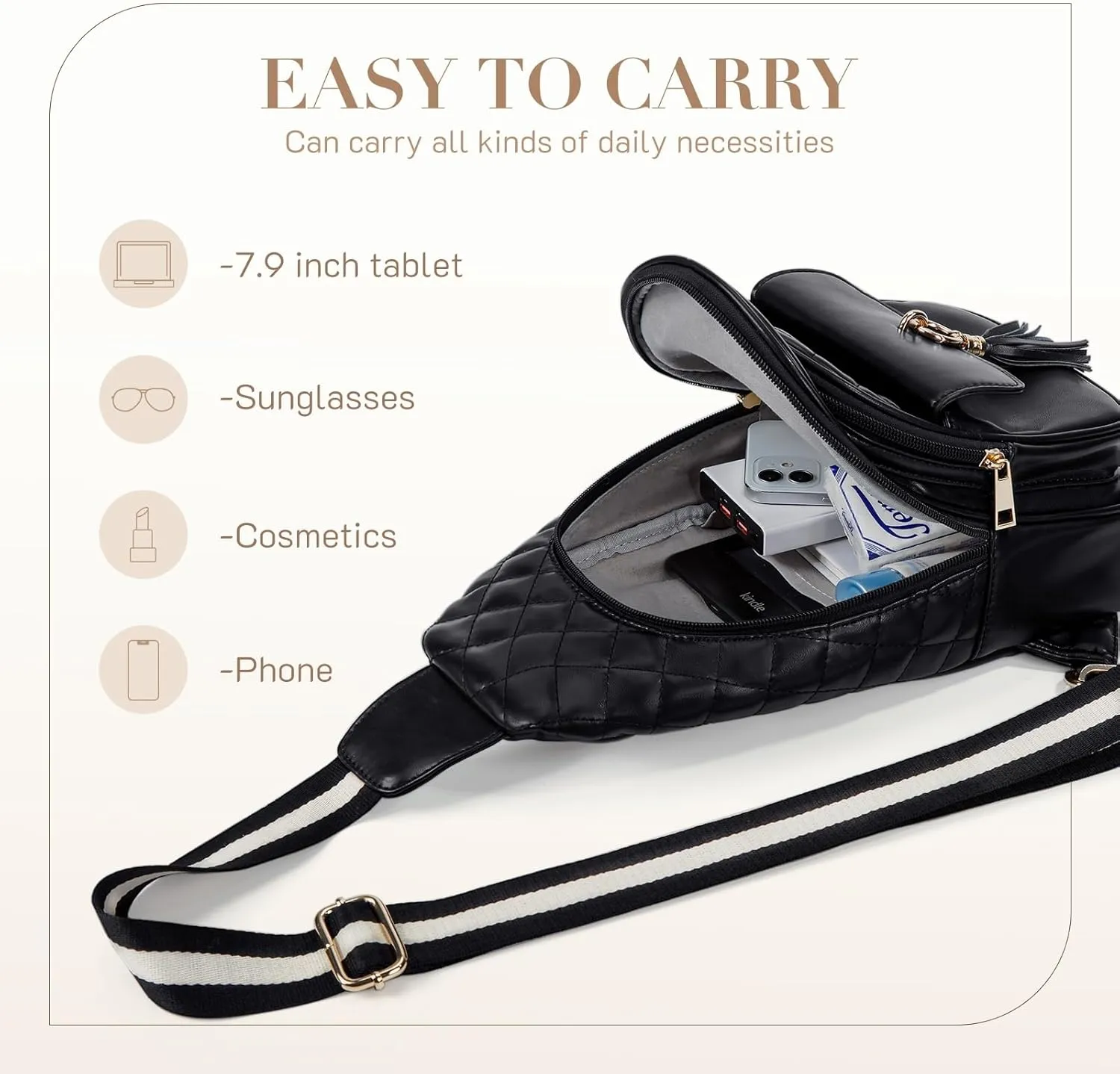 Missnine PU Leather Sling Bag for Women Crossbody Fanny Pack Quilted Chest Purse Trendy Travel Bag for Hiking Cycling with Tassel