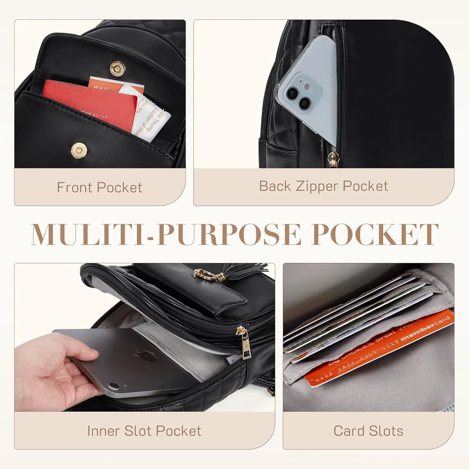 Missnine PU Leather Sling Bag for Women Crossbody Fanny Pack Quilted Chest Purse Trendy Travel Bag for Hiking Cycling with Tassel