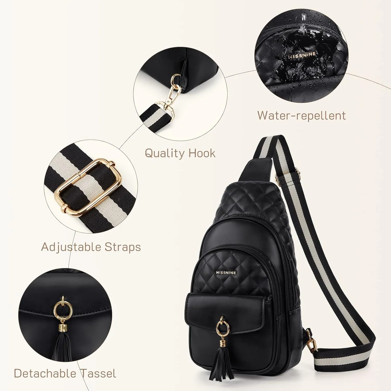 Missnine PU Leather Sling Bag for Women Crossbody Fanny Pack Quilted Chest Purse Trendy Travel Bag for Hiking Cycling with Tassel