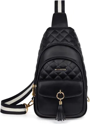 Missnine PU Leather Sling Bag for Women Crossbody Fanny Pack Quilted Chest Purse Trendy Travel Bag for Hiking Cycling with Tassel