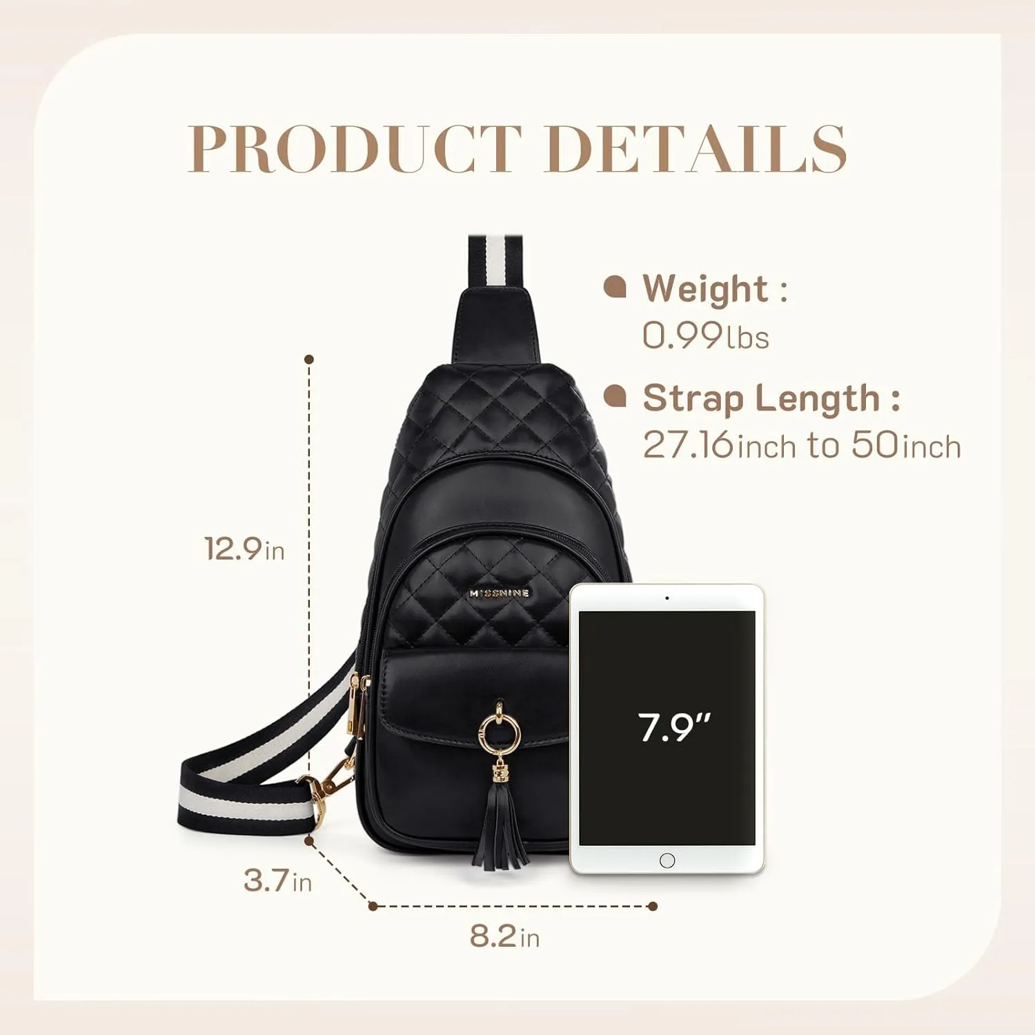 Missnine PU Leather Sling Bag for Women Crossbody Fanny Pack Quilted Chest Purse Trendy Travel Bag for Hiking Cycling with Tassel