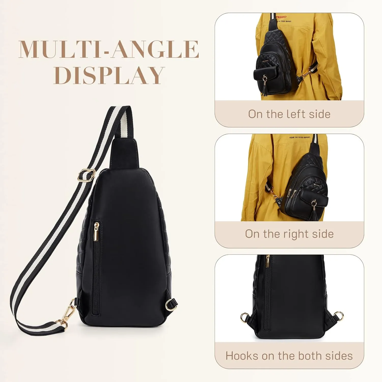 Missnine PU Leather Sling Bag for Women Crossbody Fanny Pack Quilted Chest Purse Trendy Travel Bag for Hiking Cycling with Tassel