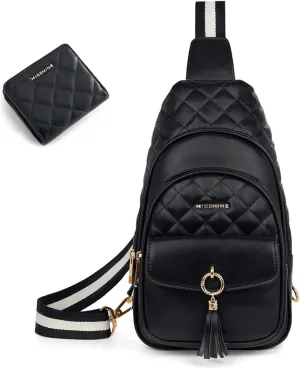 Missnine Sling Bag PU Leather Crossbody Bags and Quilted Small Wallet