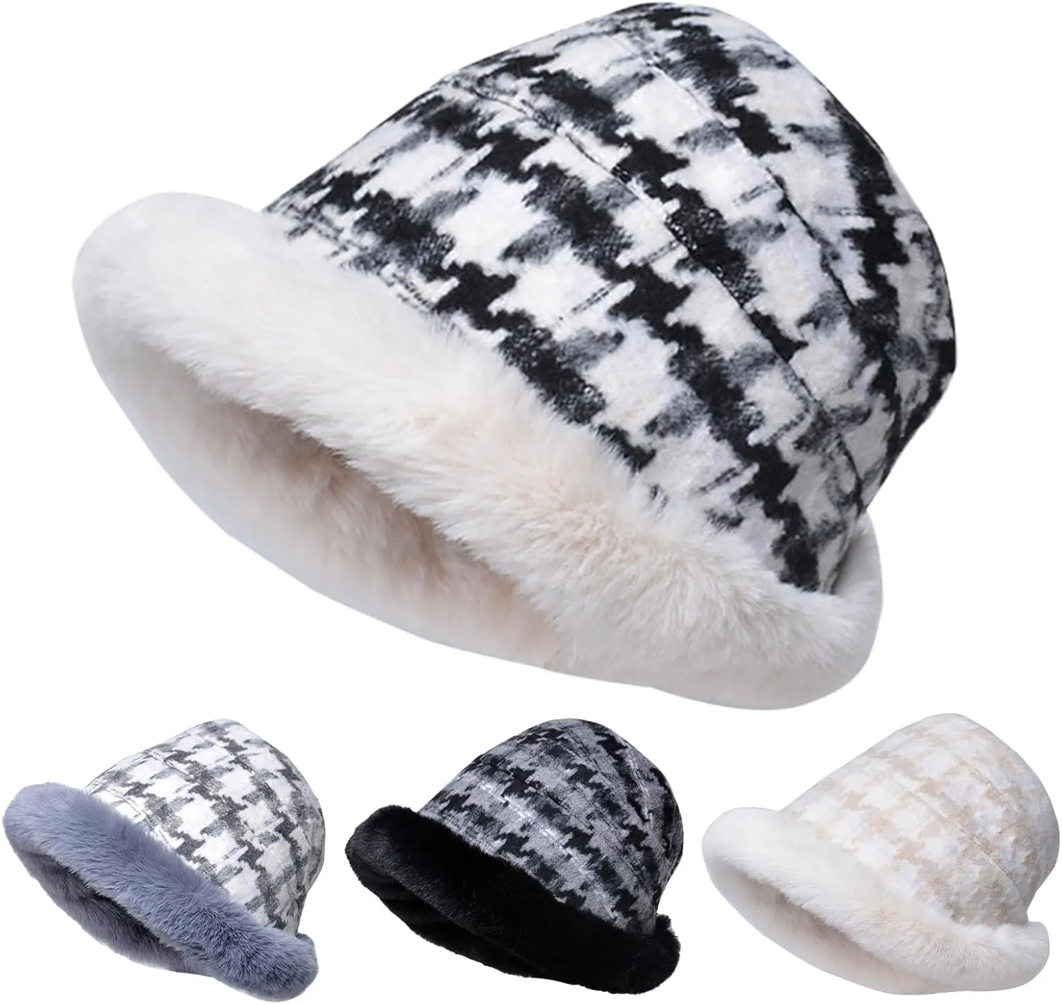 Miyaomn Women's Winter Fluffy Furry Snow Bucket Hat Outdoor Rolled Brim Faux Fur Stylish Print Cloche Hats with Fleece Lining