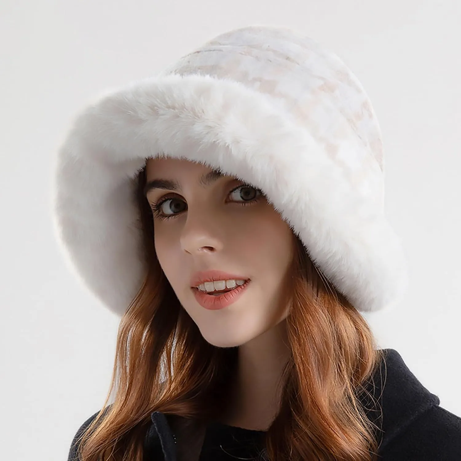 Miyaomn Women's Winter Fluffy Furry Snow Bucket Hat Outdoor Rolled Brim Faux Fur Stylish Print Cloche Hats with Fleece Lining