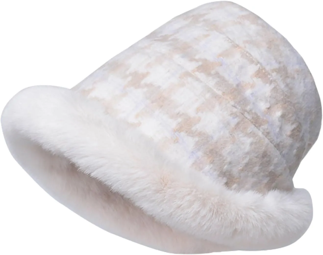 Miyaomn Women's Winter Fluffy Furry Snow Bucket Hat Outdoor Rolled Brim Faux Fur Stylish Print Cloche Hats with Fleece Lining