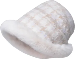 Miyaomn Women's Winter Fluffy Furry Snow Bucket Hat Outdoor Rolled Brim Faux Fur Stylish Print Cloche Hats with Fleece Lining