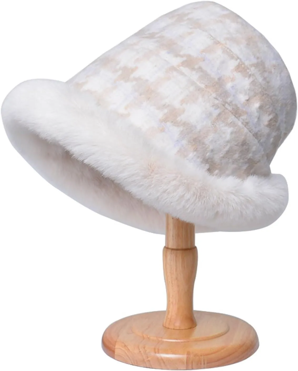 Miyaomn Women's Winter Fluffy Furry Snow Bucket Hat Outdoor Rolled Brim Faux Fur Stylish Print Cloche Hats with Fleece Lining