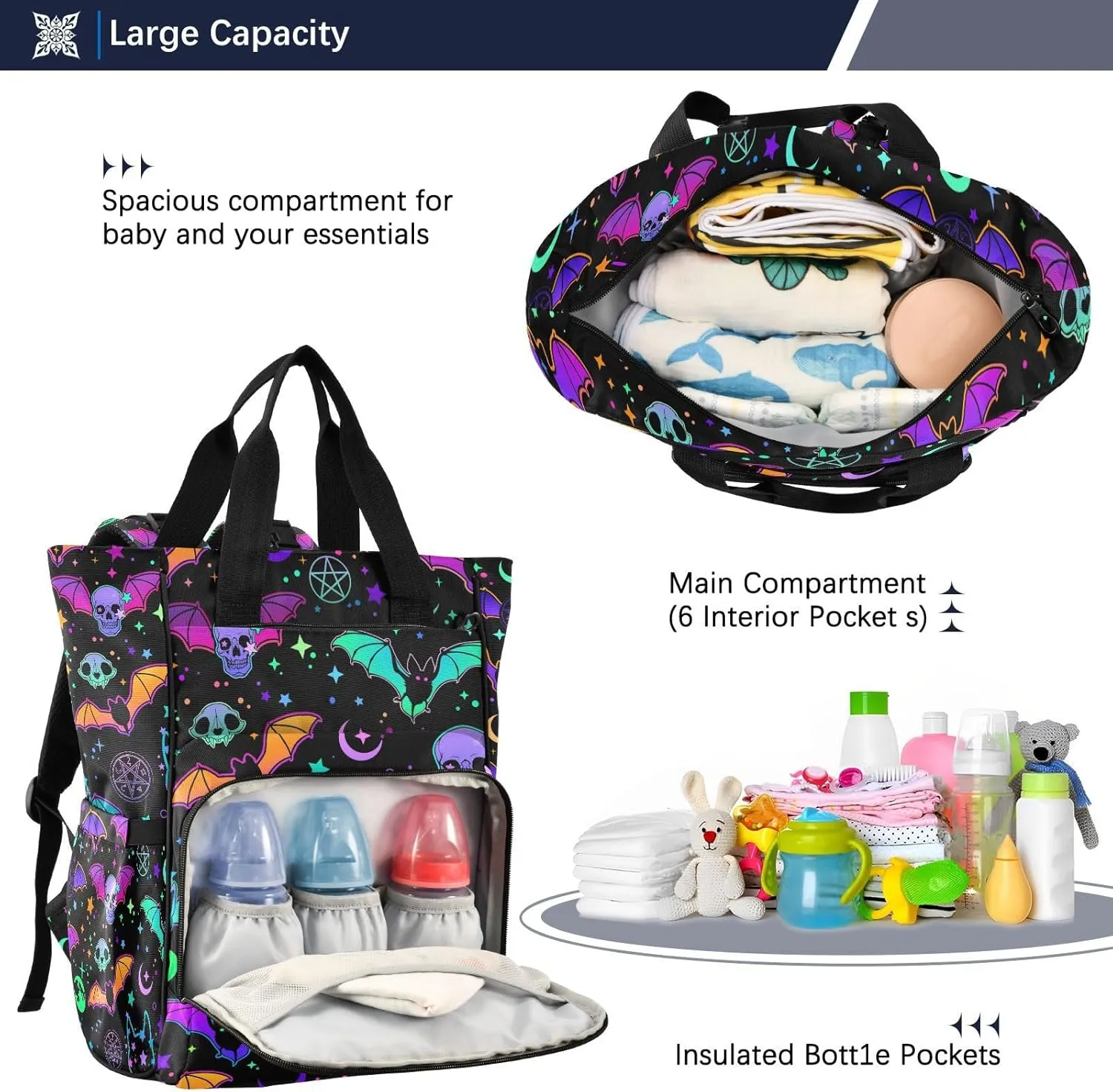 MNSRUU Diaper Bag Magic Skulls Bat and Animal Diaper Bag Backpack Multifunction Travel Diaper Bag Tote Large Capacity Diaper Changing Backpacks for Moms Dads