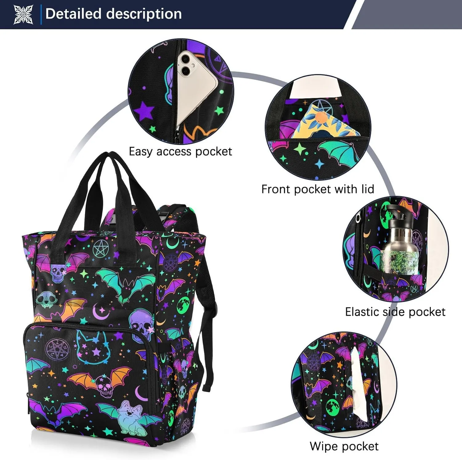 MNSRUU Diaper Bag Magic Skulls Bat and Animal Diaper Bag Backpack Multifunction Travel Diaper Bag Tote Large Capacity Diaper Changing Backpacks for Moms Dads