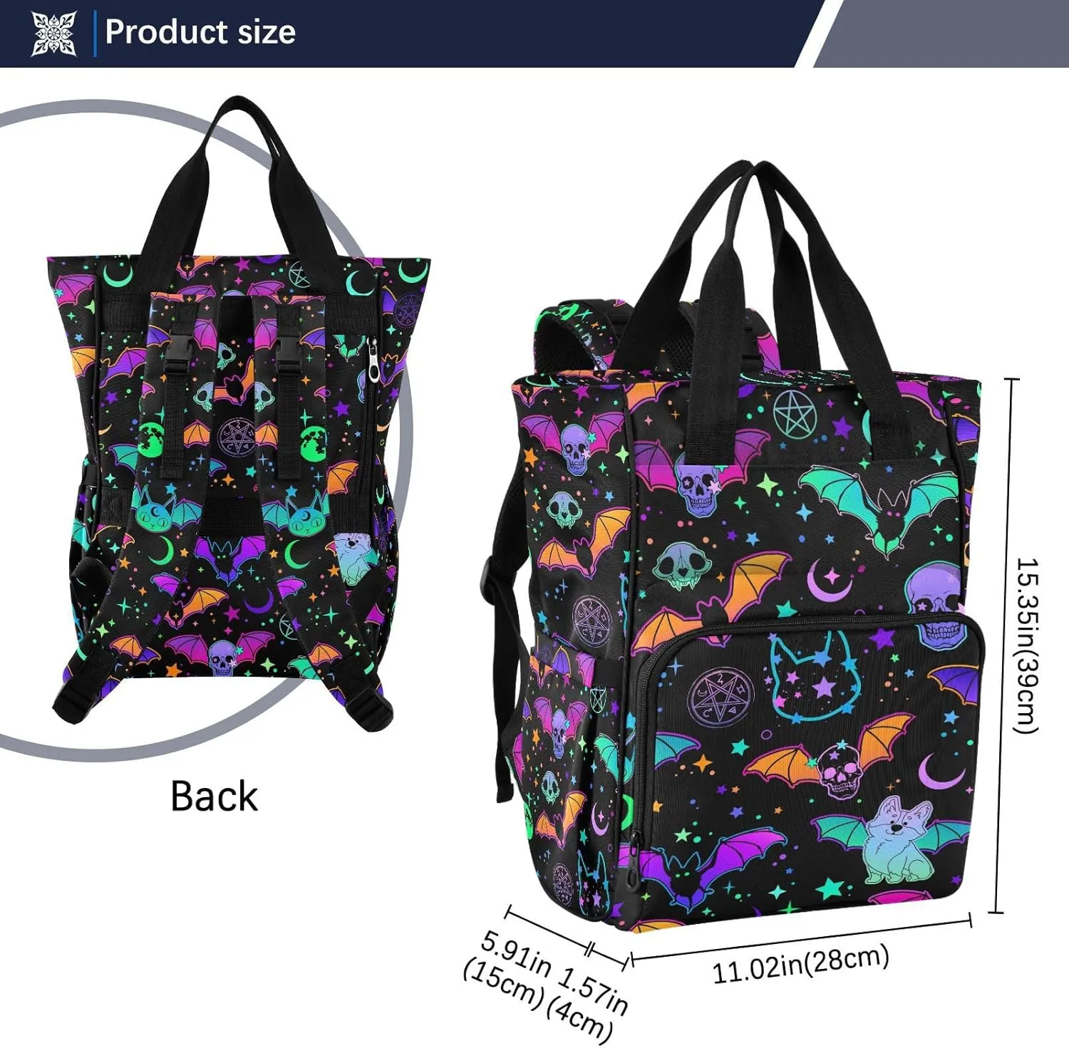 MNSRUU Diaper Bag Magic Skulls Bat and Animal Diaper Bag Backpack Multifunction Travel Diaper Bag Tote Large Capacity Diaper Changing Backpacks for Moms Dads