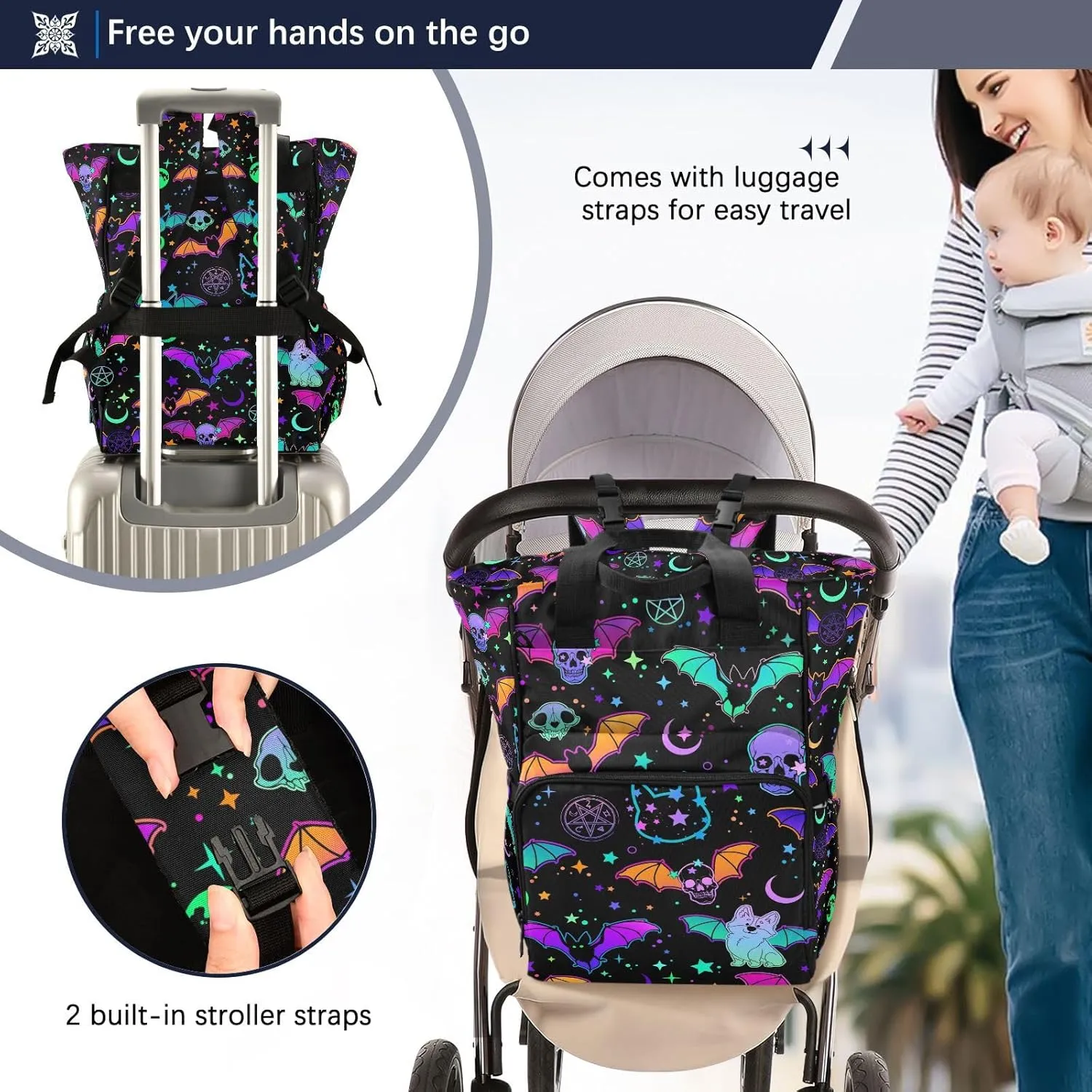 MNSRUU Diaper Bag Magic Skulls Bat and Animal Diaper Bag Backpack Multifunction Travel Diaper Bag Tote Large Capacity Diaper Changing Backpacks for Moms Dads