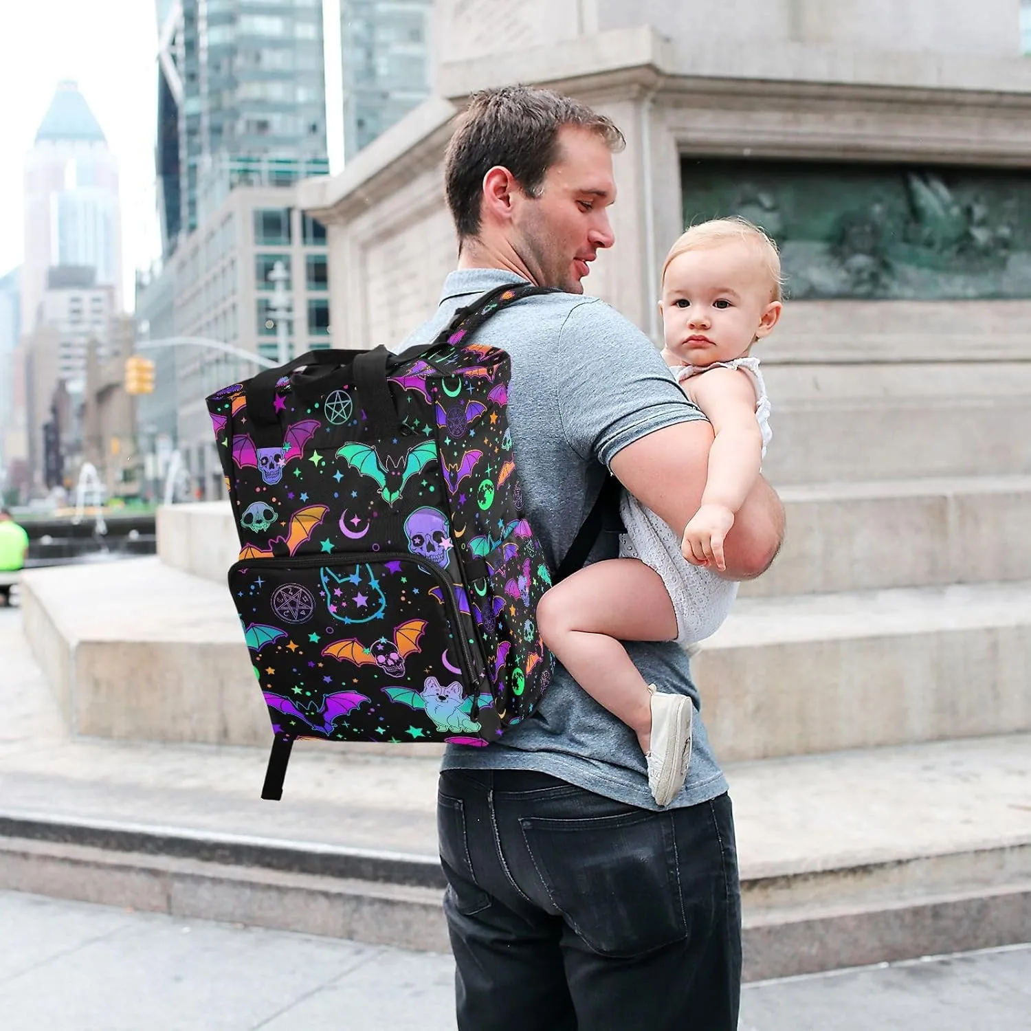 MNSRUU Diaper Bag Magic Skulls Bat and Animal Diaper Bag Backpack Multifunction Travel Diaper Bag Tote Large Capacity Diaper Changing Backpacks for Moms Dads