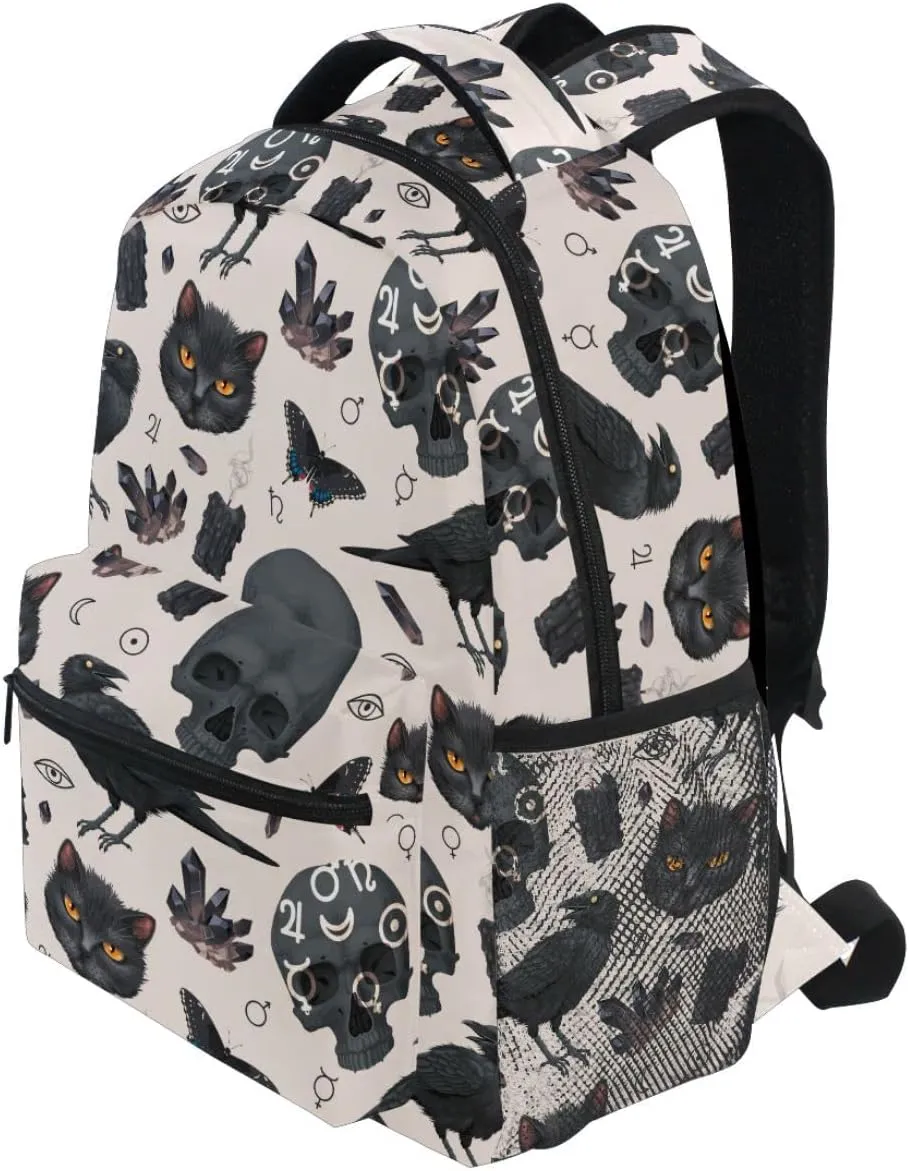 MNSRUU Student School Bag Goth Raven and Black Cat Backpack for Girls Boys College Bookbag Laptop Rucksack Travel Backpack for Adult Teen Casual Daypack