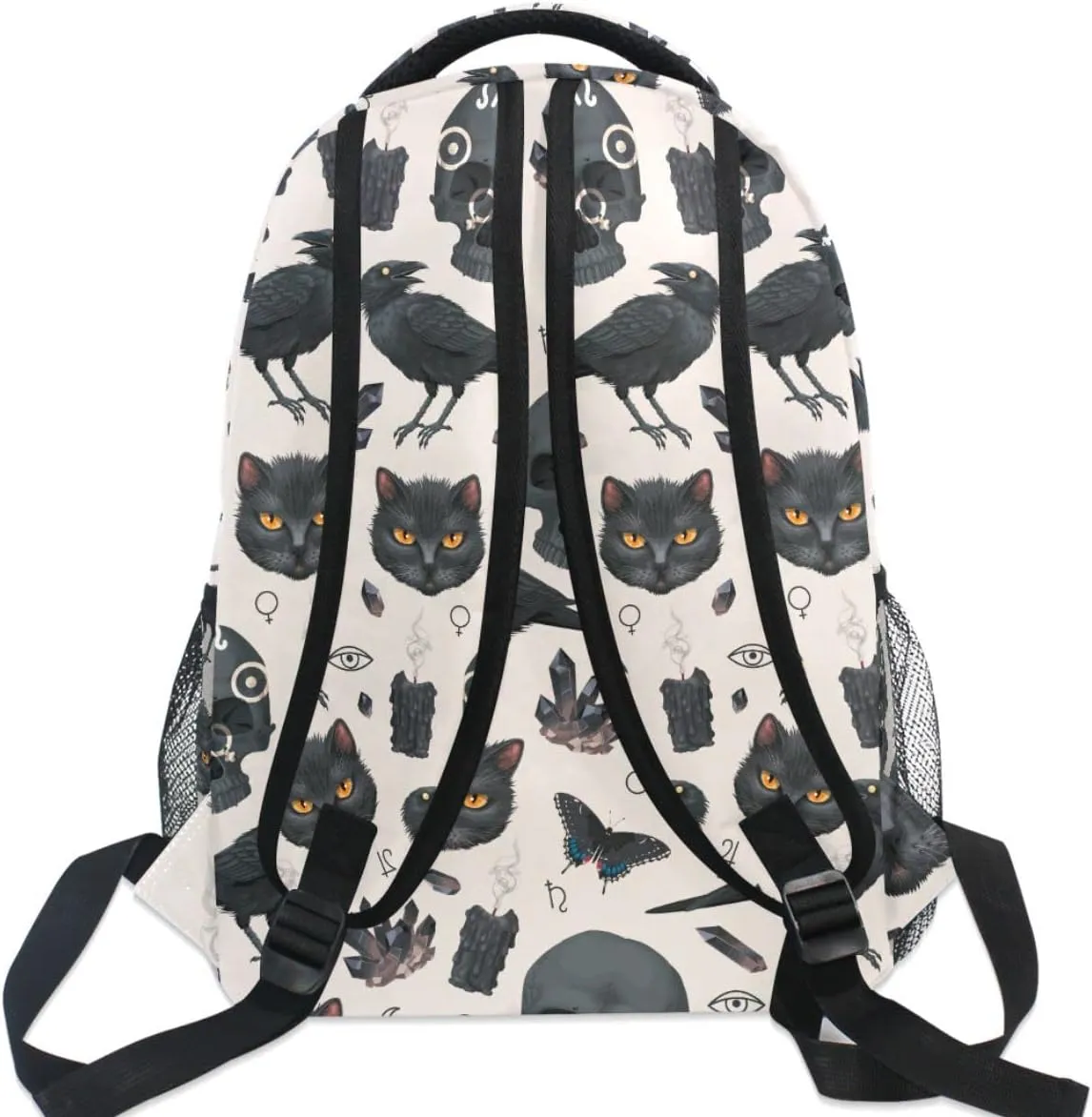 MNSRUU Student School Bag Goth Raven and Black Cat Backpack for Girls Boys College Bookbag Laptop Rucksack Travel Backpack for Adult Teen Casual Daypack