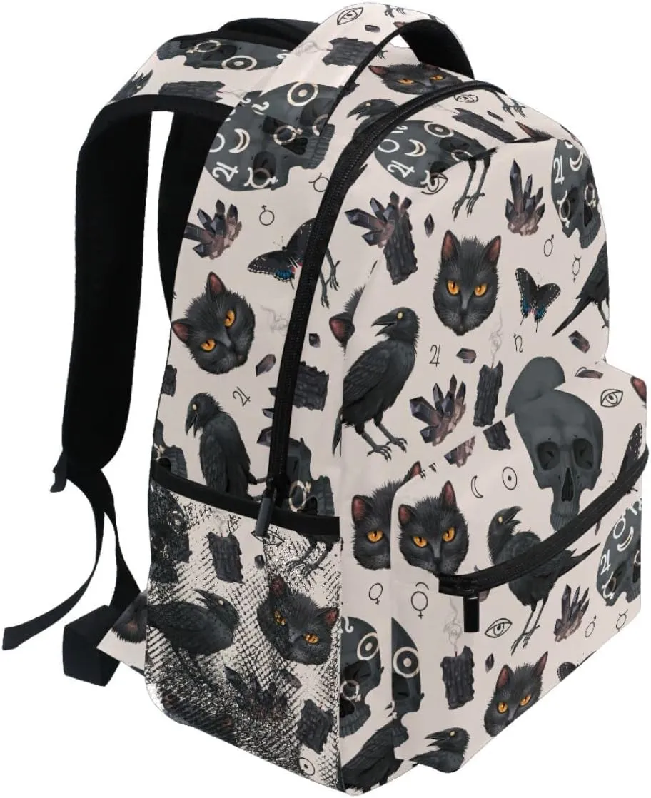 MNSRUU Student School Bag Goth Raven and Black Cat Backpack for Girls Boys College Bookbag Laptop Rucksack Travel Backpack for Adult Teen Casual Daypack