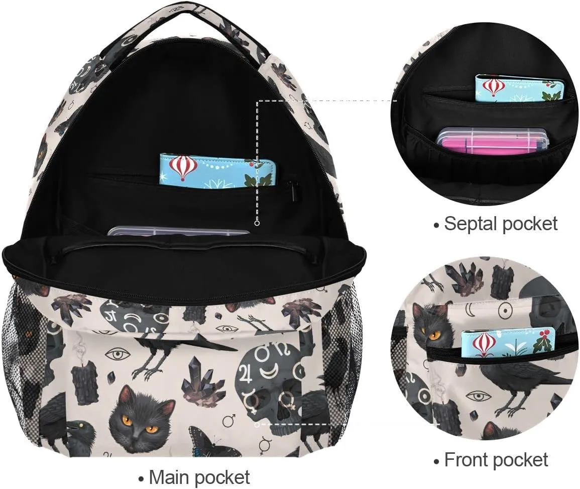 MNSRUU Student School Bag Goth Raven and Black Cat Backpack for Girls Boys College Bookbag Laptop Rucksack Travel Backpack for Adult Teen Casual Daypack