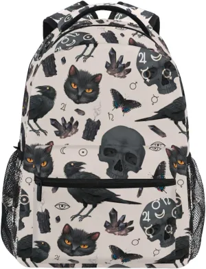 MNSRUU Student School Bag Goth Raven and Black Cat Backpack for Girls Boys College Bookbag Laptop Rucksack Travel Backpack for Adult Teen Casual Daypack
