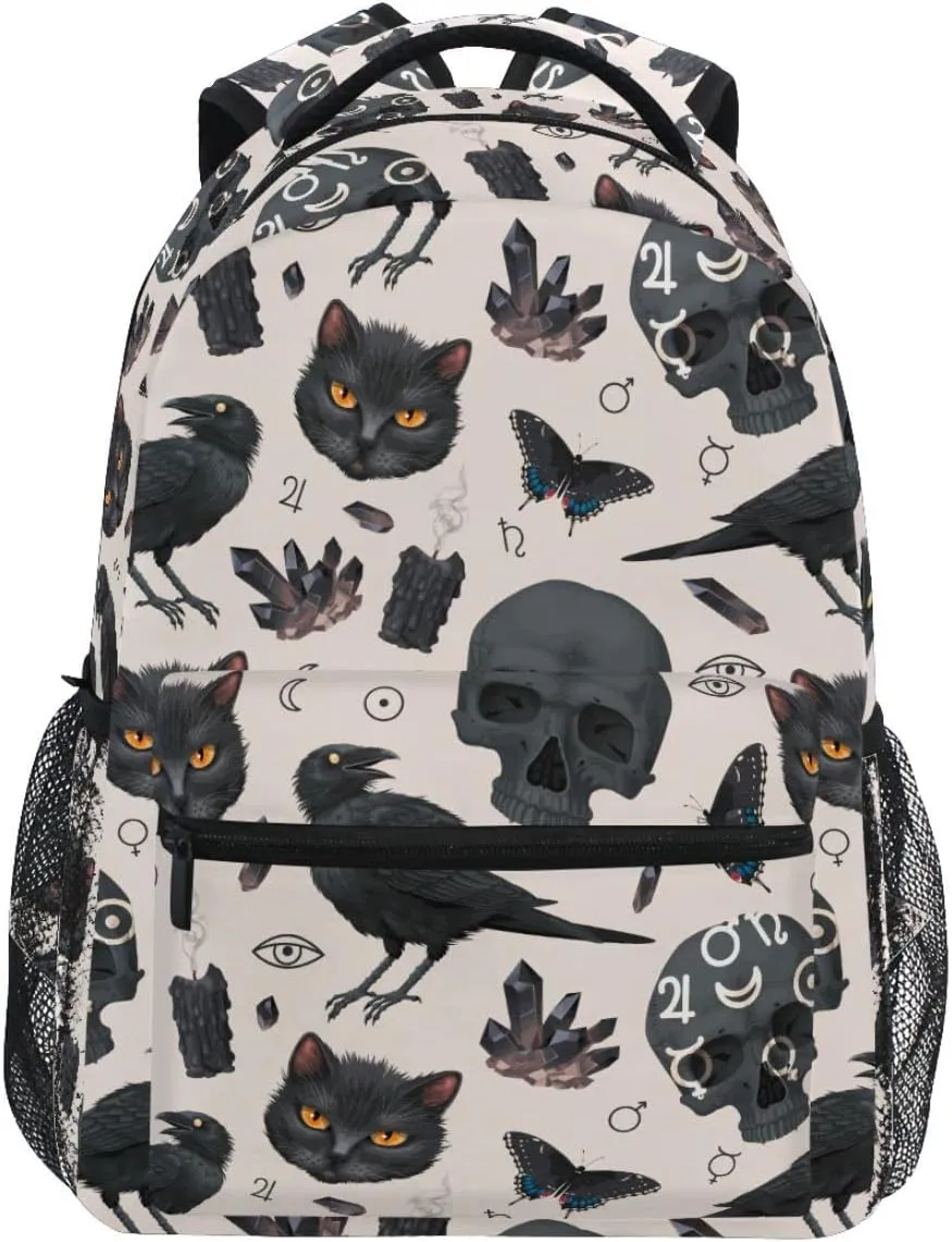 MNSRUU Student School Bag Goth Raven and Black Cat Backpack for Girls Boys College Bookbag Laptop Rucksack Travel Backpack for Adult Teen Casual Daypack