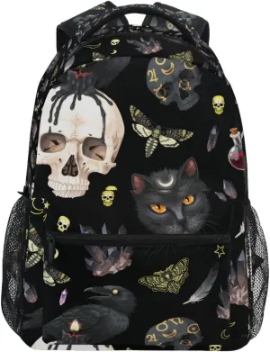 MNSRUU Student School Bag Goth Skull Moth Backpack for Girls Boys College Bookbag Laptop Rucksack Travel Backpack for Adult Teen Casual Daypack