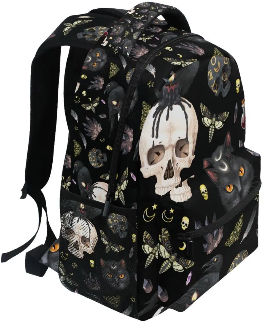 MNSRUU Student School Bag Goth Skull Moth Backpack for Girls Boys College Bookbag Laptop Rucksack Travel Backpack for Adult Teen Casual Daypack
