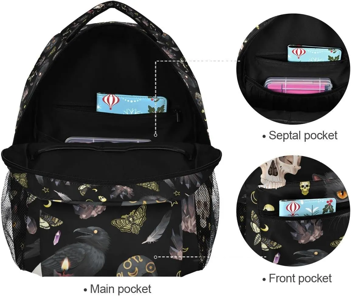 MNSRUU Student School Bag Goth Skull Moth Backpack for Girls Boys College Bookbag Laptop Rucksack Travel Backpack for Adult Teen Casual Daypack