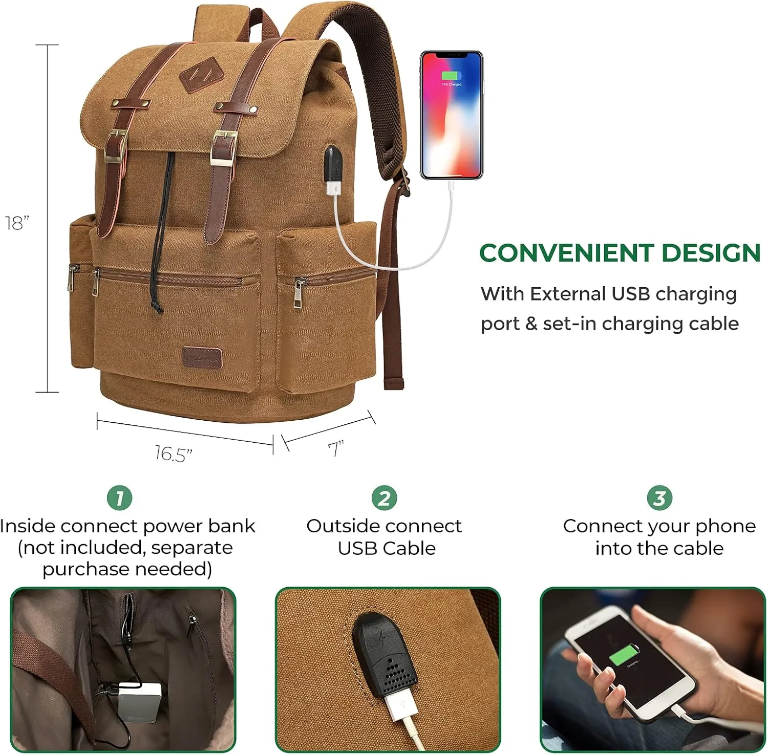 Modoker Mens Canvas Vintage Backpack for Men,Women, Travel Laptop Backpack Fits 17/15.6 Inch Computer & Tablet, Large Bookbag Rucksack Backpack with USB Charging Port, Brown