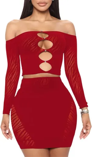 MOEENCN Sexy Two Piece Outfit Mesh Perspective Splice Hollow Out Off Shoulder Long Sleeve Skirt Sets Party Club Night