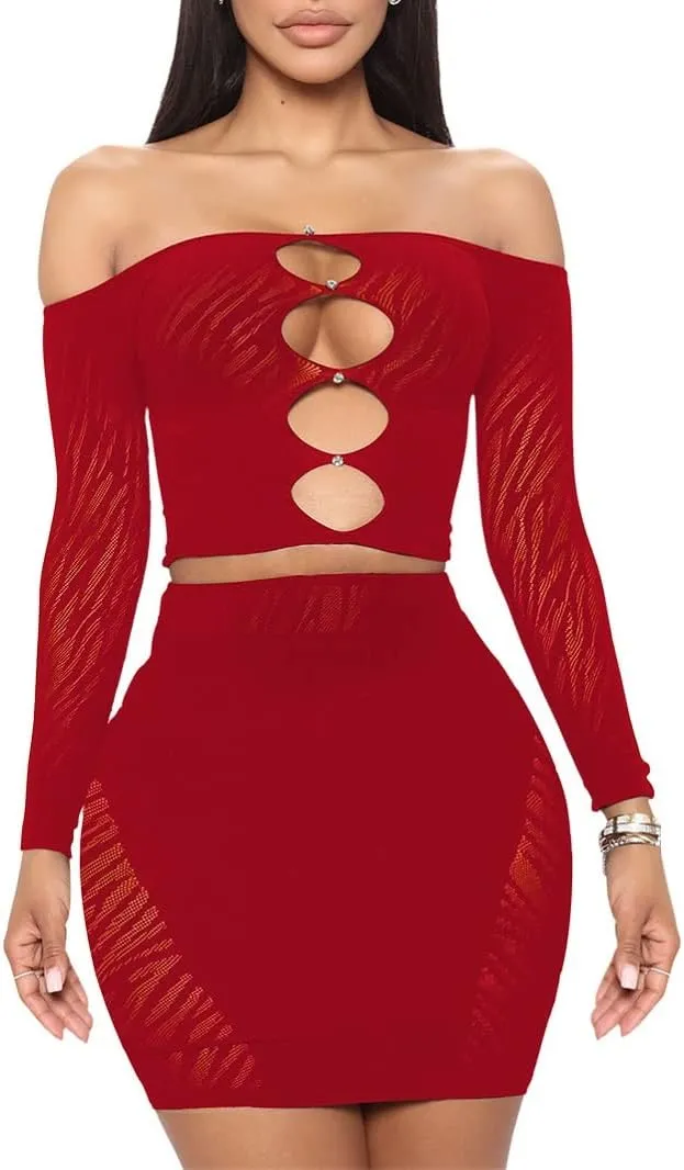 MOEENCN Sexy Two Piece Outfit Mesh Perspective Splice Hollow Out Off Shoulder Long Sleeve Skirt Sets Party Club Night