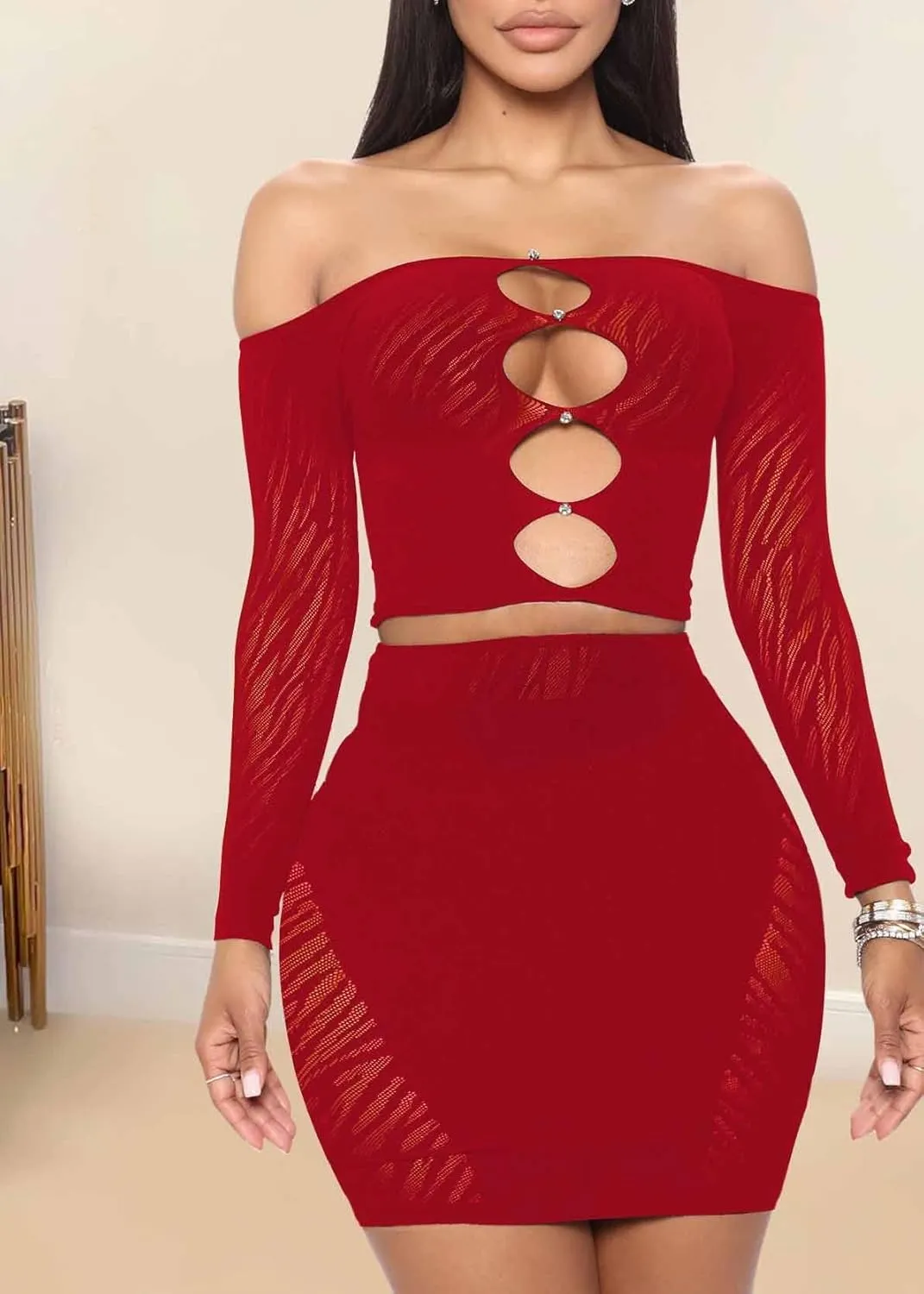 MOEENCN Sexy Two Piece Outfit Mesh Perspective Splice Hollow Out Off Shoulder Long Sleeve Skirt Sets Party Club Night